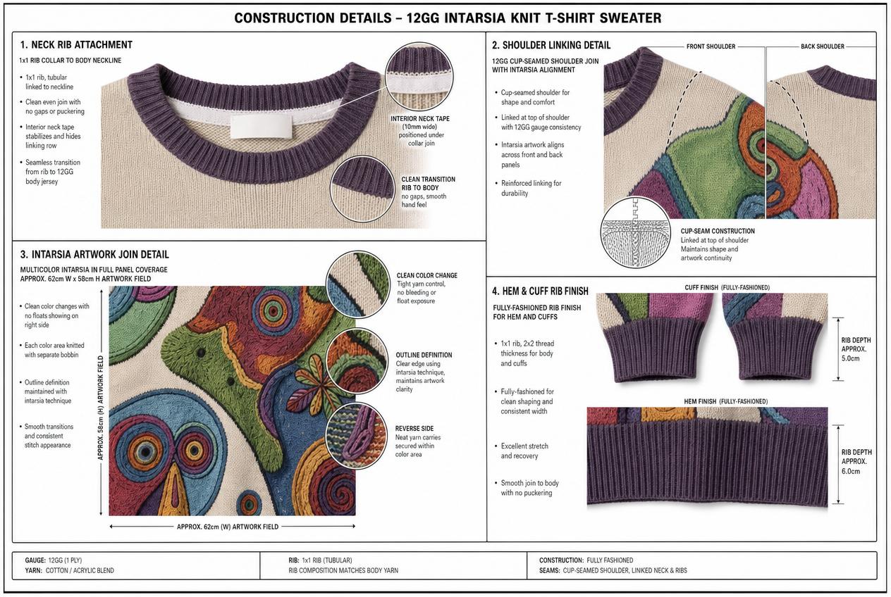Intarsia Crewneck Sweater: Detailed views: closures, seams, trims