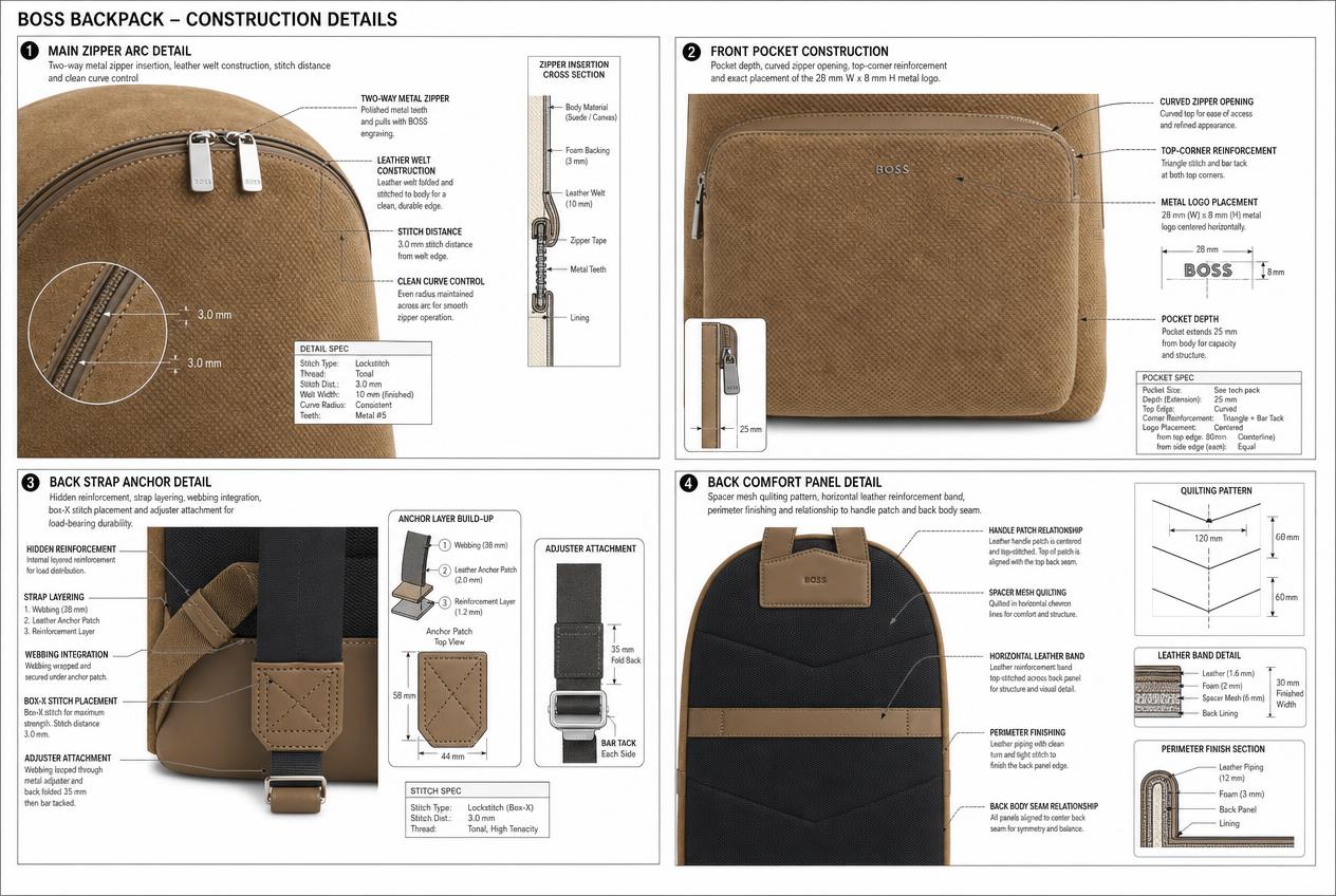 Textured Suede Leather City Backpack: Detailed views: closures, seams, trims