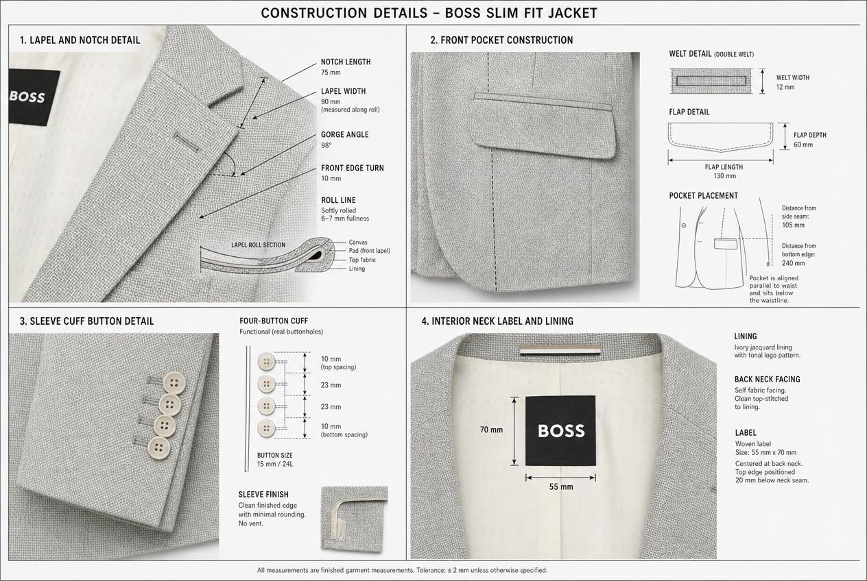 Textured Two-Button Tailored Blazer: Detailed views: closures, seams, trims