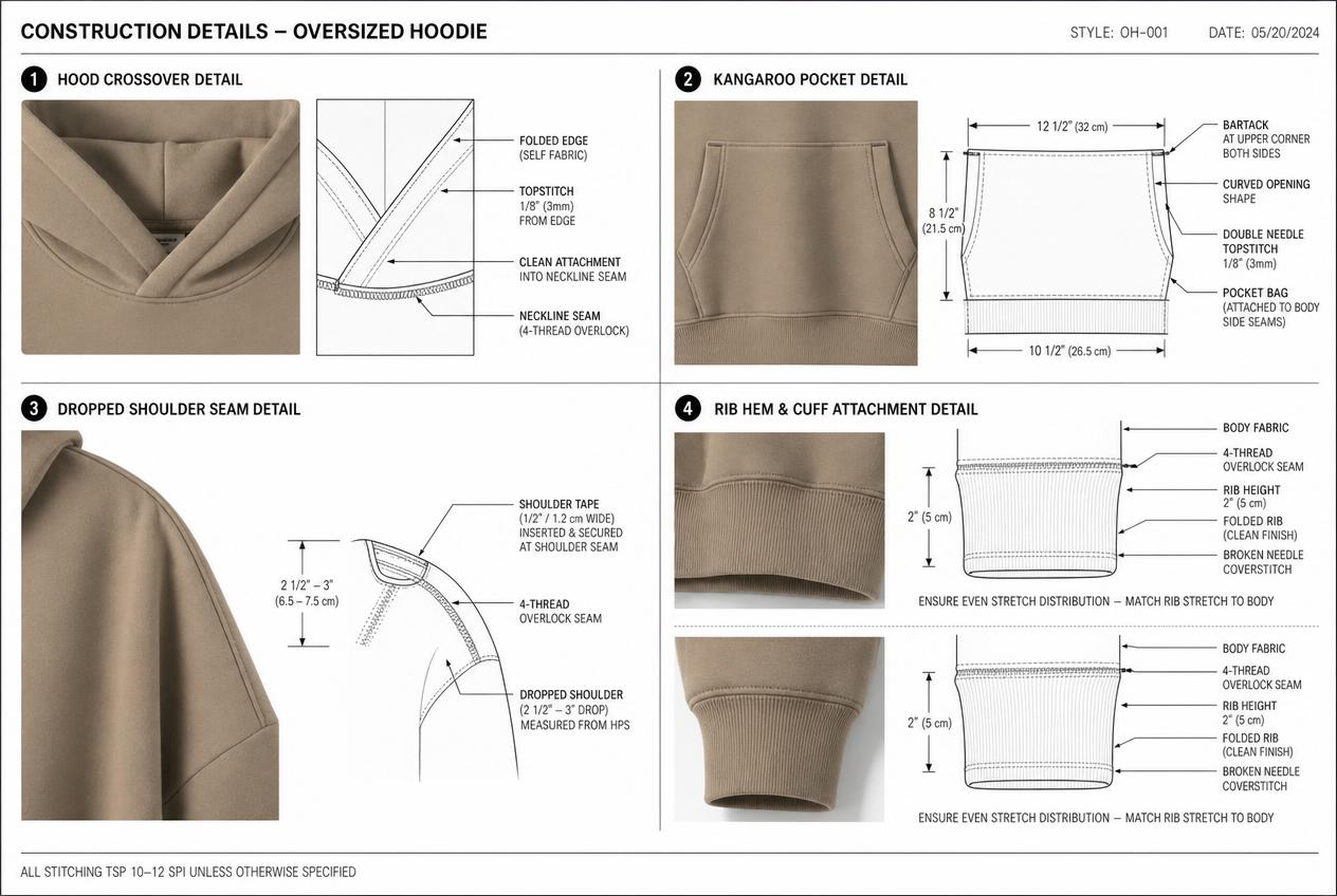 Heavyweight Drop-Shoulder Hoodie: Detailed views: closures, seams, trims