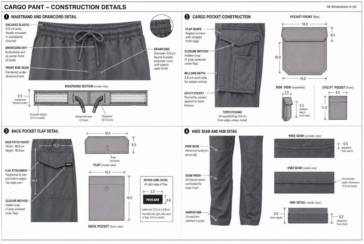 Utility Cargo Pant: Detailed views: closures, seams, trims