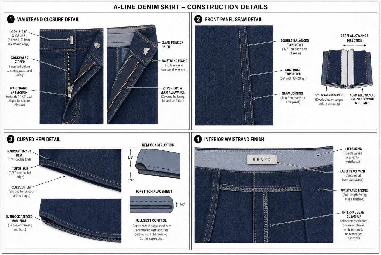 A-Line Mini Skirt: Detailed views: closures, seams, trims