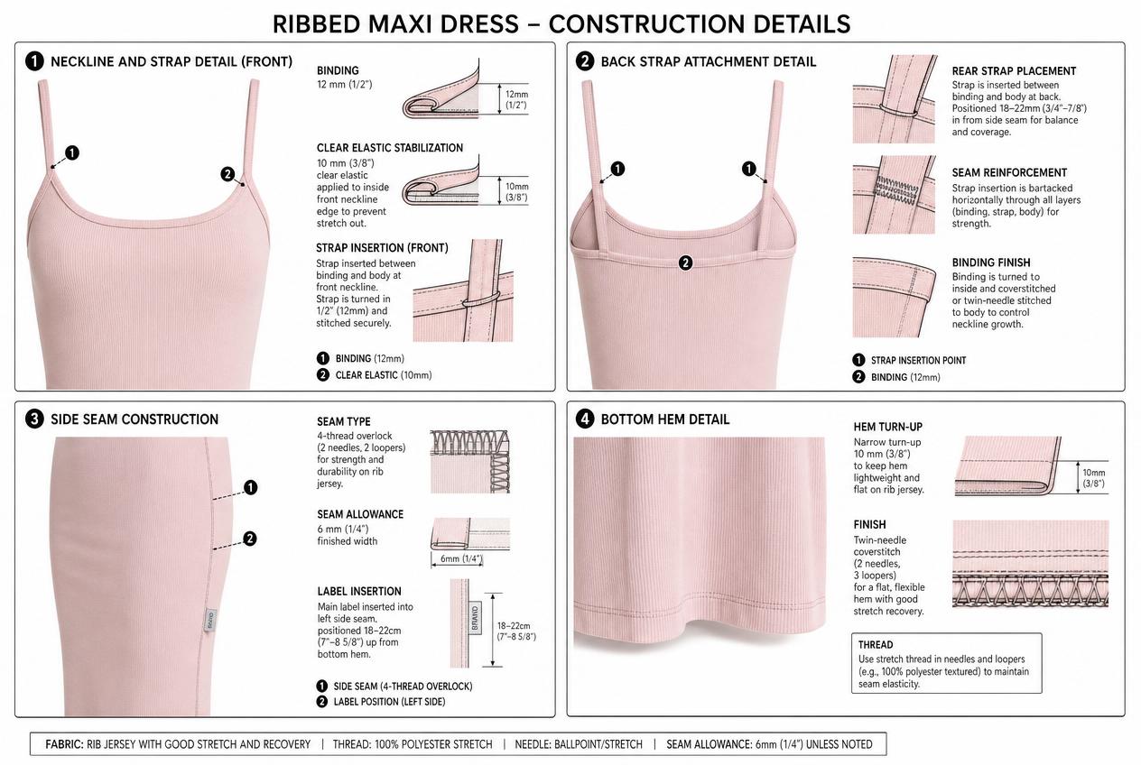 Maxi Slip Dress: Detailed views: closures, seams, trims