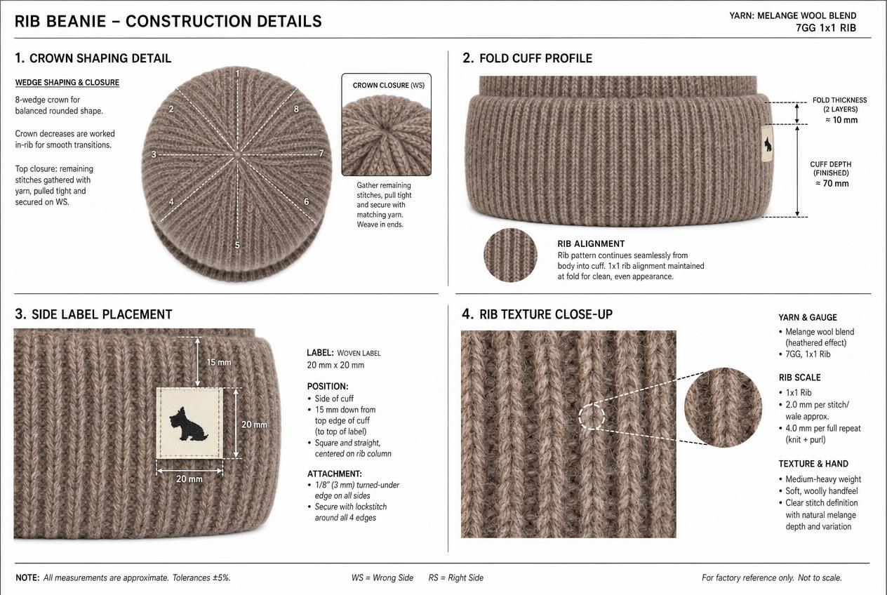 Ribbed Beanie: Detailed views: closures, seams, trims