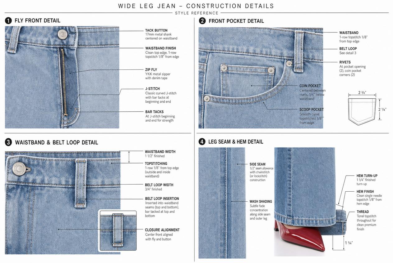 High Rise Denim Jeans: Detailed views: closures, seams, trims