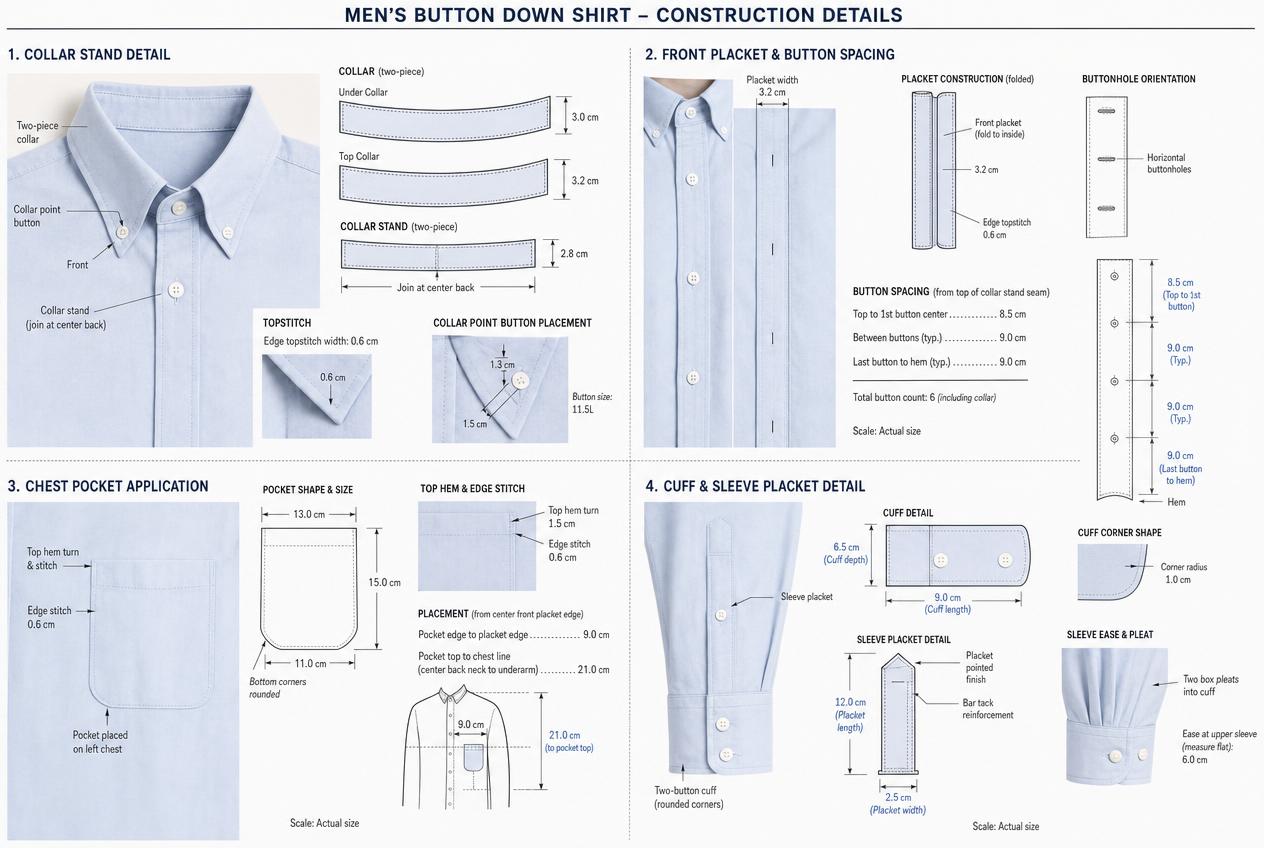 Oxford Button Down Shirt: Detailed views: closures, seams, trims