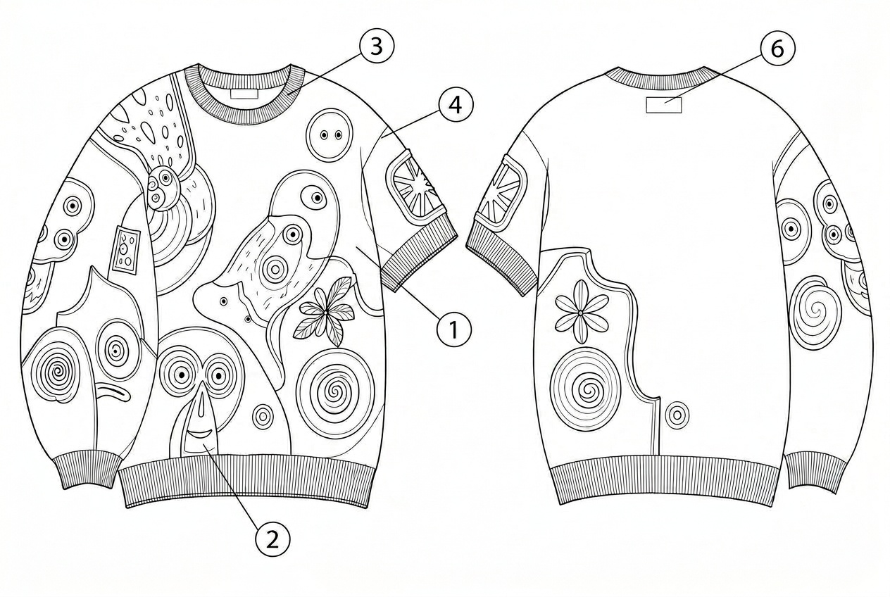 Intarsia Crewneck Sweater: Materials callout: each material numbered on the garment