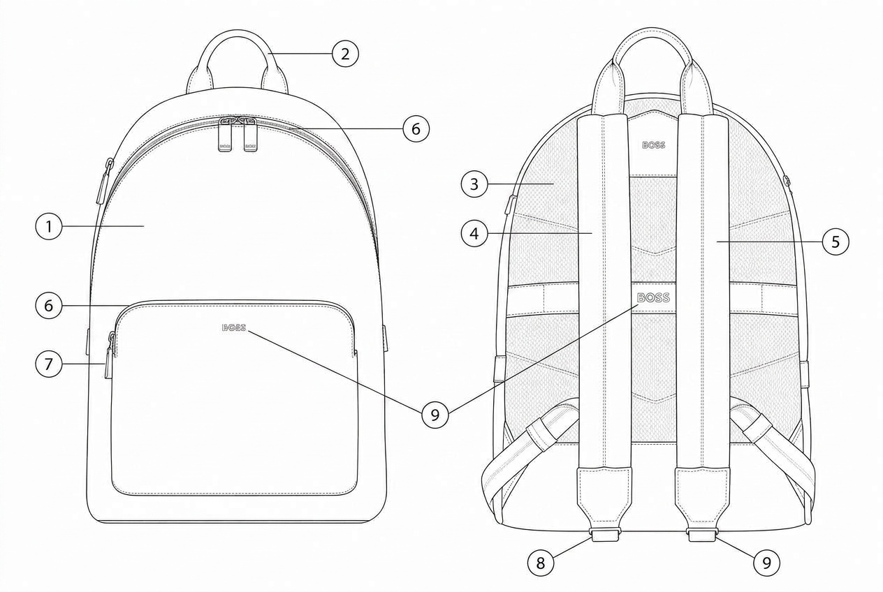 Textured Suede Leather City Backpack: Materials callout: each material numbered on the garment
