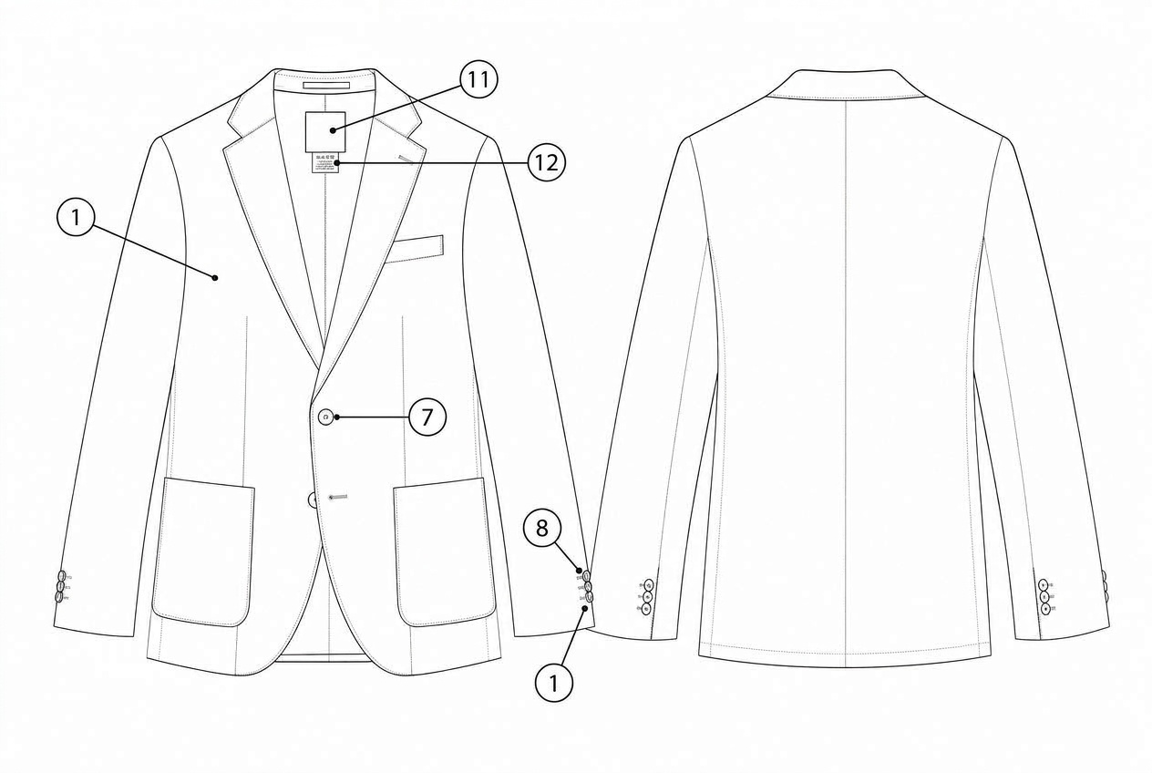 Textured Two-Button Tailored Blazer: Materials callout: each material numbered on the garment