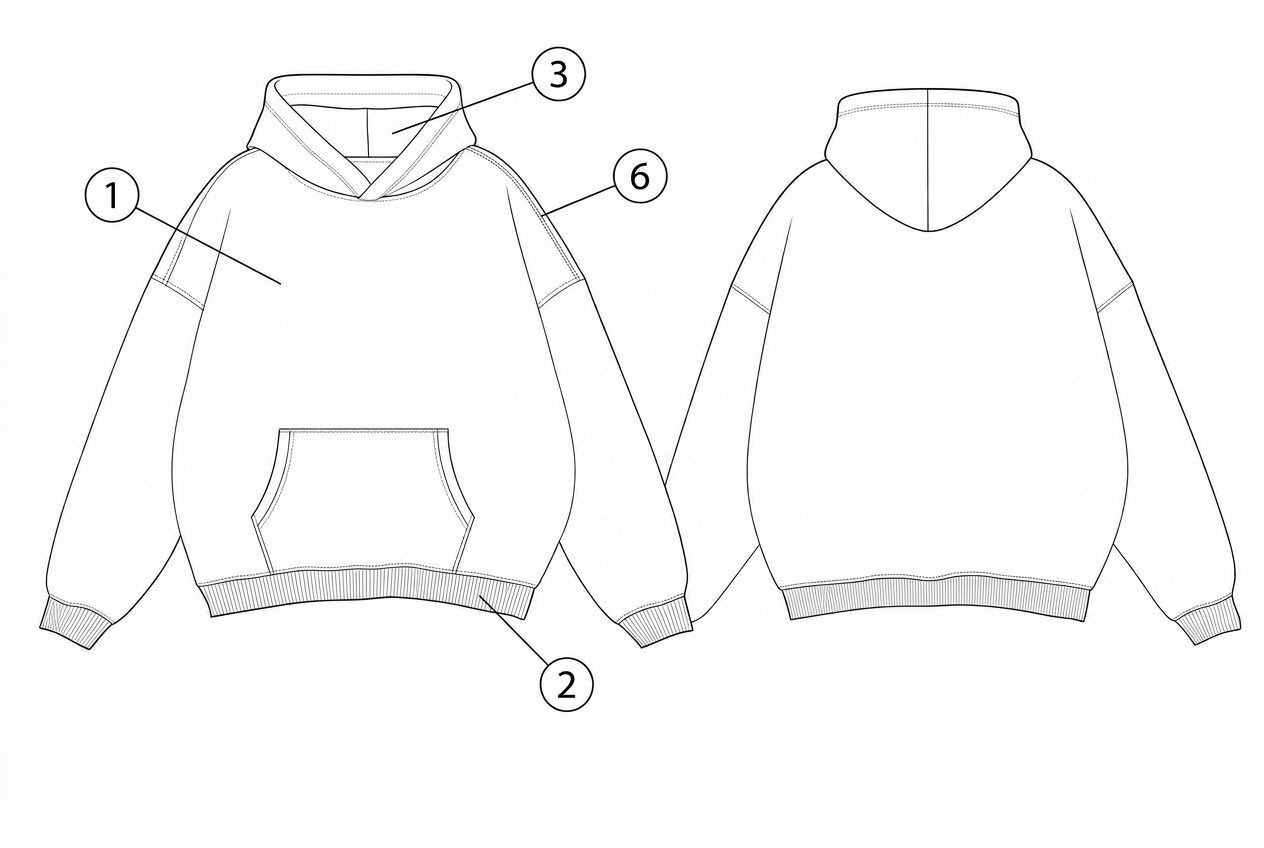 Heavyweight Drop-Shoulder Hoodie: Materials callout: each material numbered on the garment