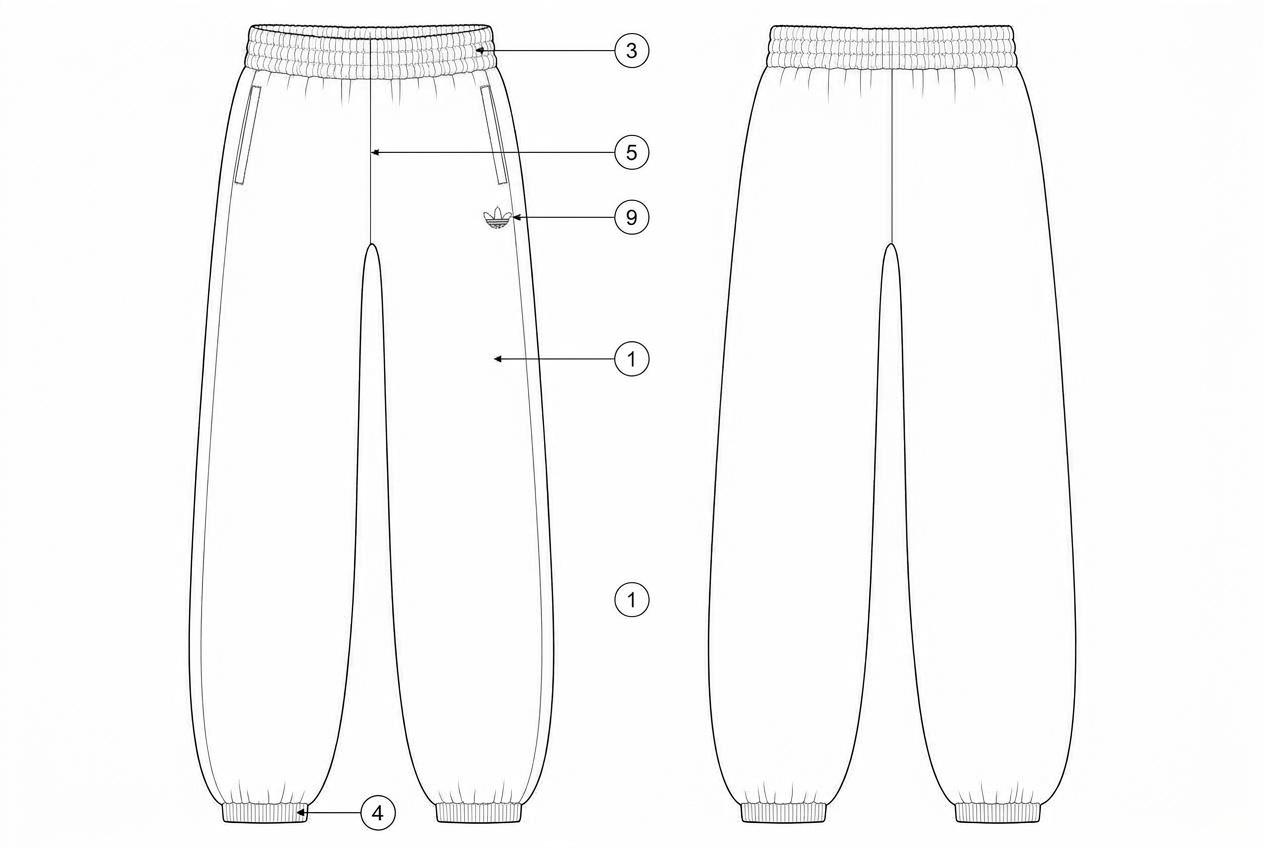 Cuffed Joggers: Materials callout: each material numbered on the garment