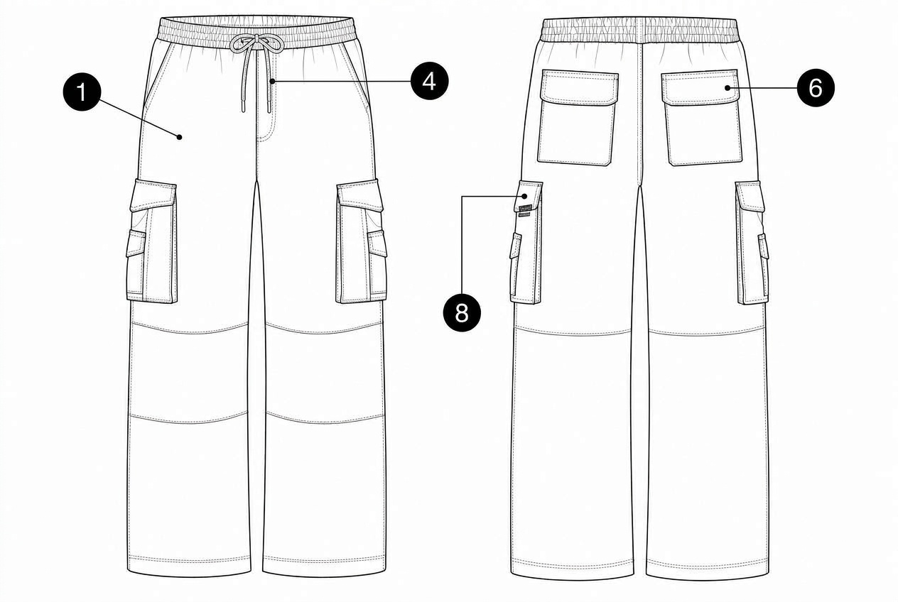 Utility Cargo Pant: Materials callout: each material numbered on the garment