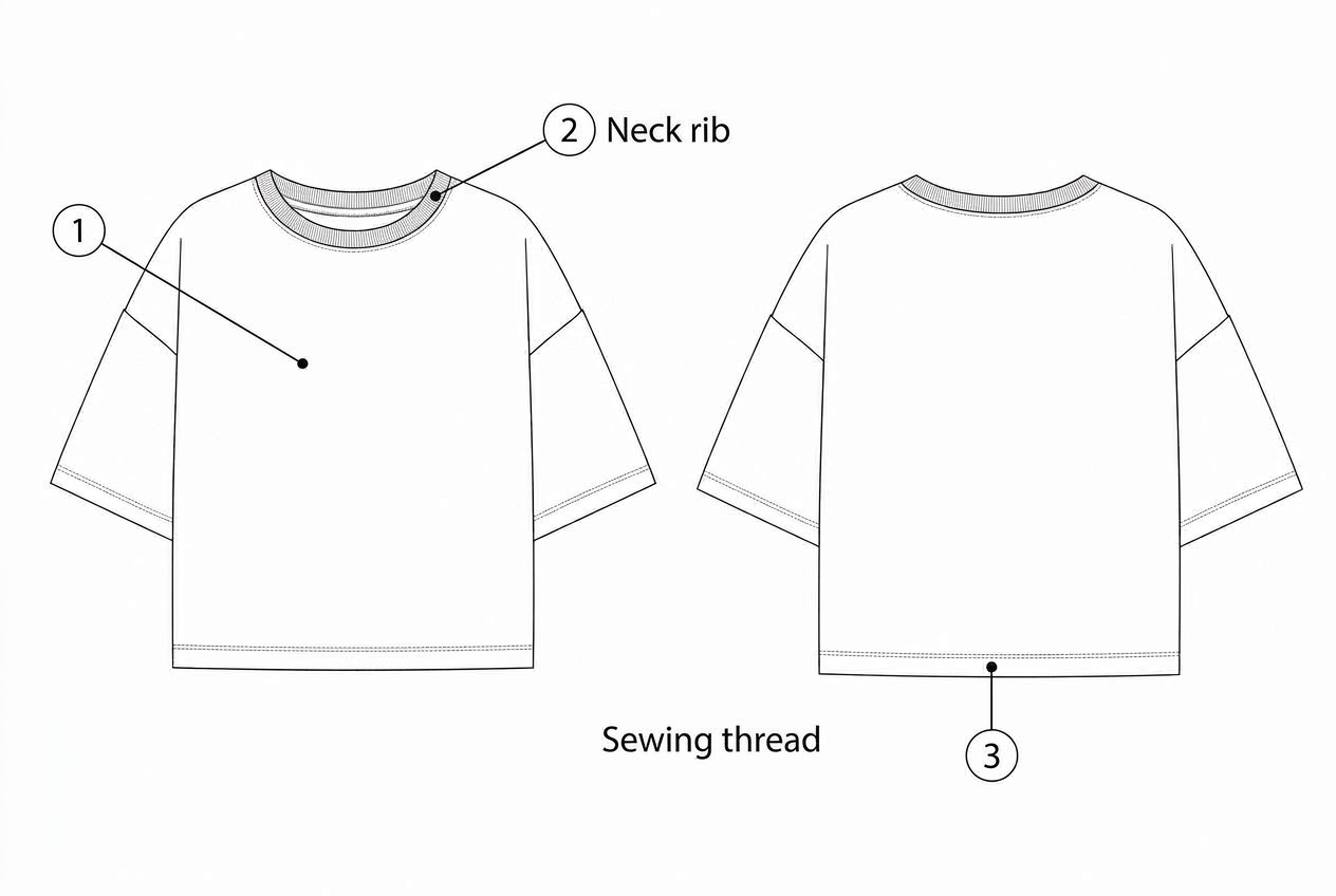 Boxy Tee: Materials callout: each material numbered on the garment
