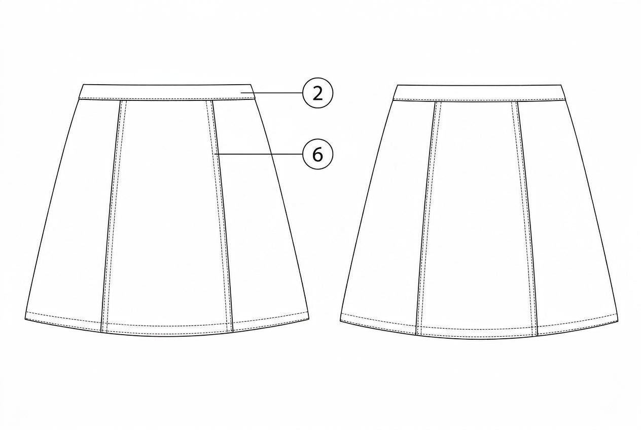A-Line Mini Skirt: Materials callout: each material numbered on the garment