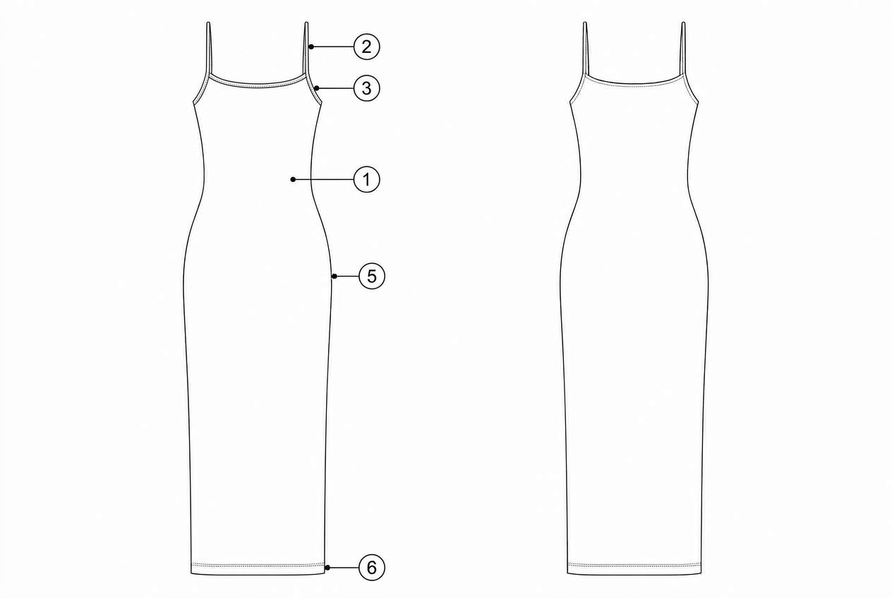 Maxi Slip Dress: Materials callout: each material numbered on the garment