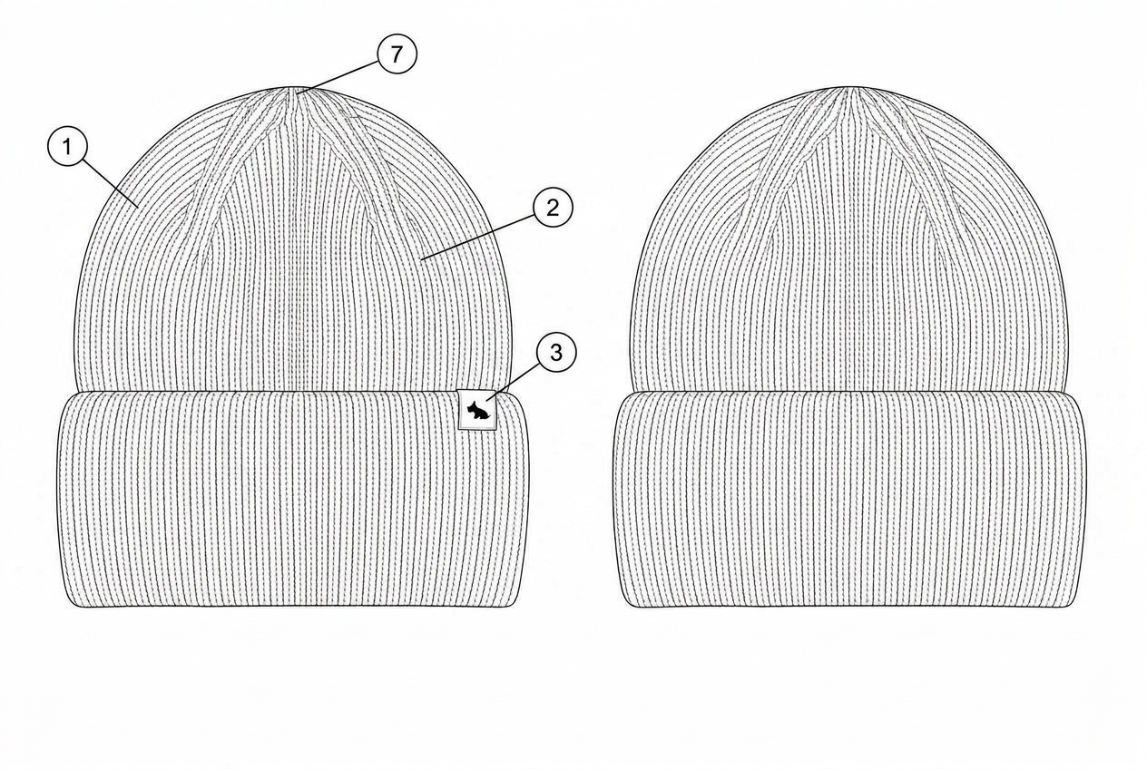 Ribbed Beanie: Materials callout: each material numbered on the garment