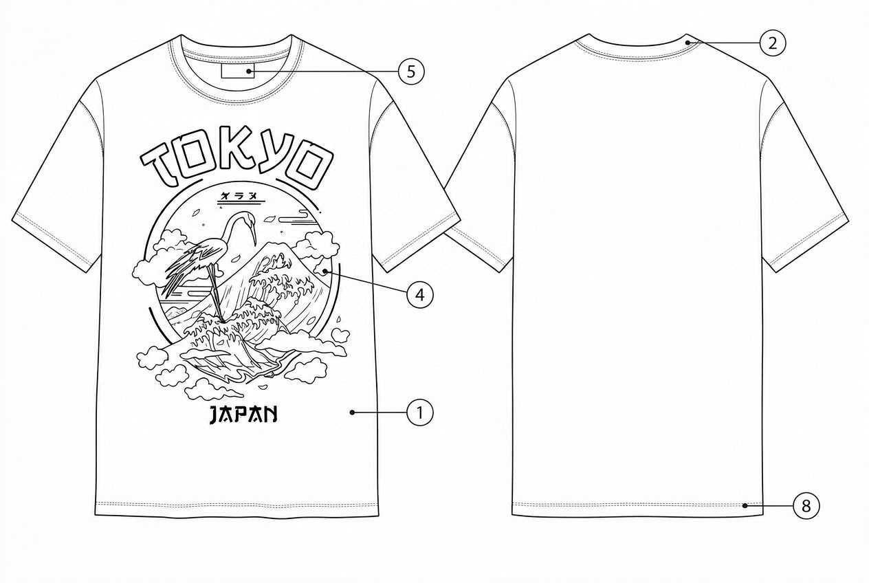 Graphic Tee: Materials callout: each material numbered on the garment