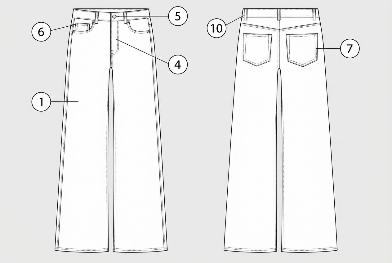 High Rise Denim Jeans: Materials callout: each material numbered on the garment