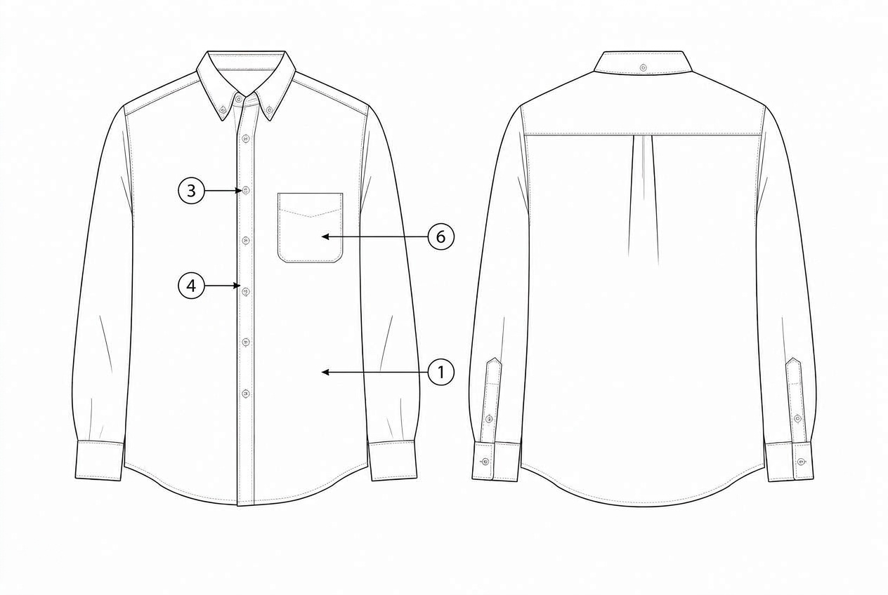 Oxford Button Down Shirt: Materials callout: each material numbered on the garment