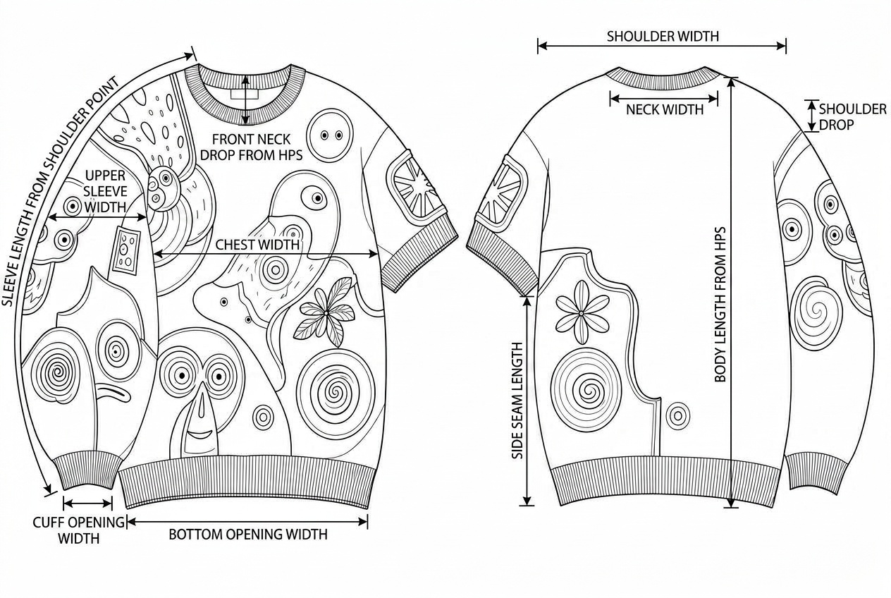 Intarsia Crewneck Sweater annotated flat sketch with points of measure