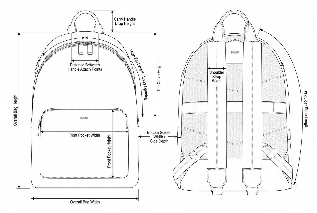 Textured Suede Leather City Backpack annotated flat sketch with points of measure
