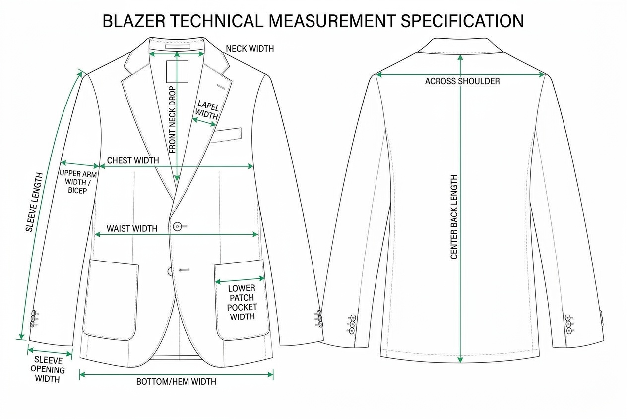 Textured Two-Button Tailored Blazer annotated flat sketch with points of measure