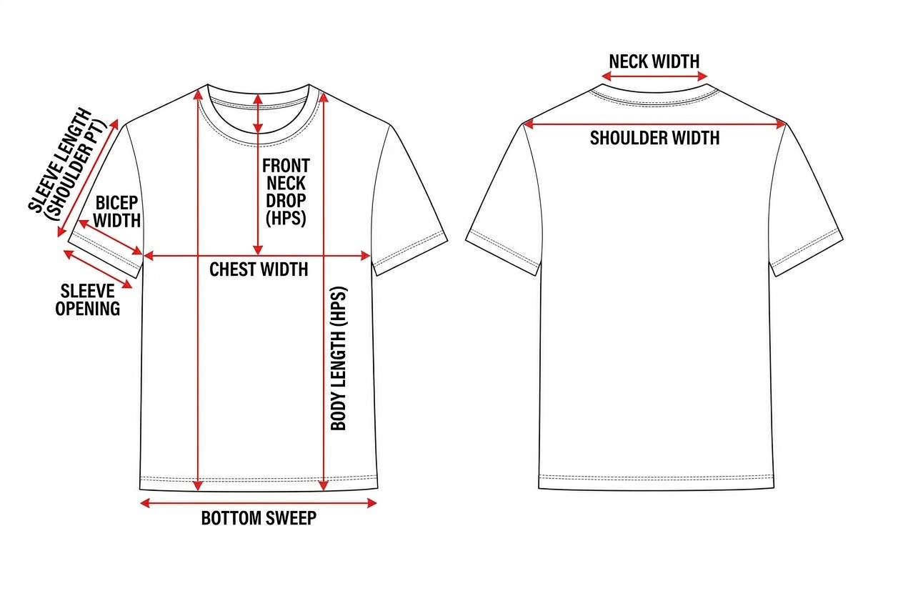 Classic Crewneck T-Shirt annotated flat sketch with points of measure