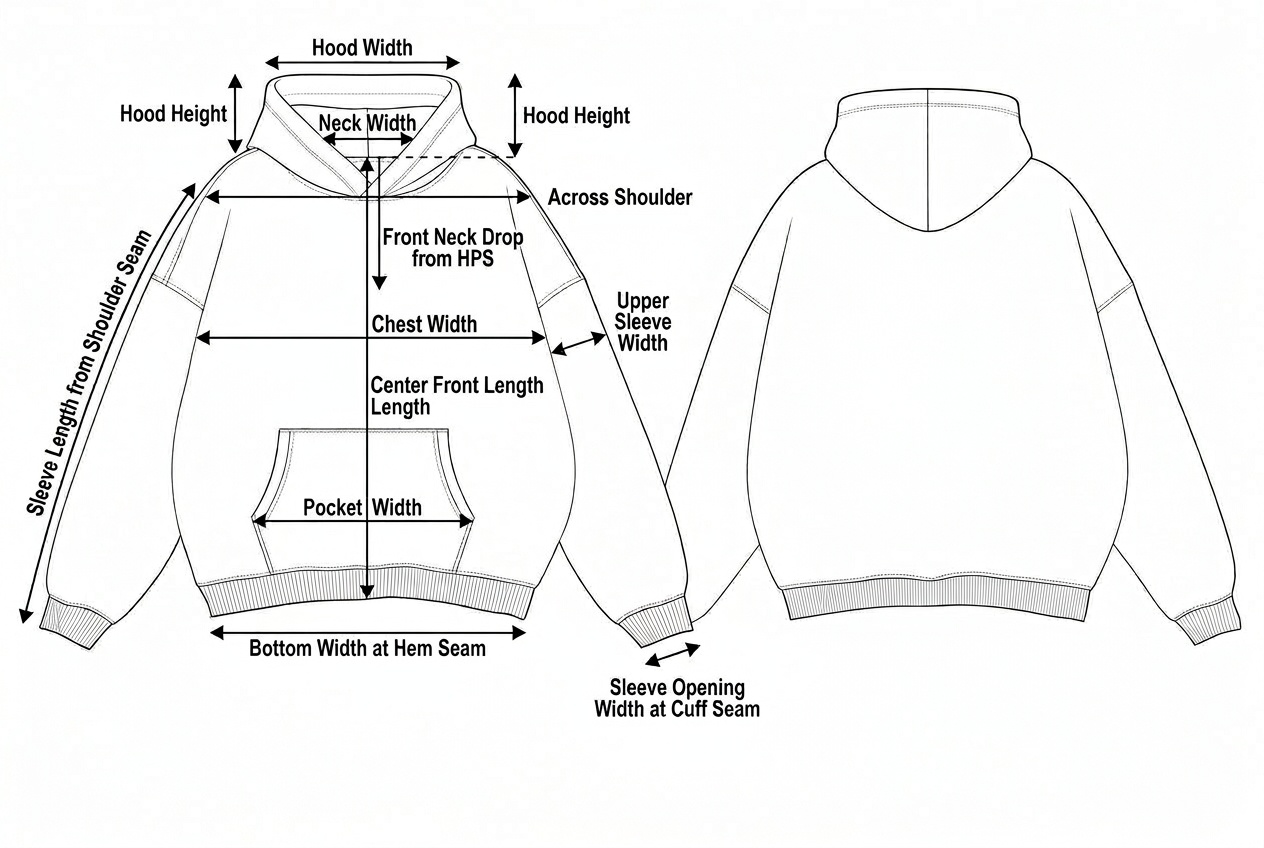 Heavyweight Drop-Shoulder Hoodie annotated flat sketch with points of measure