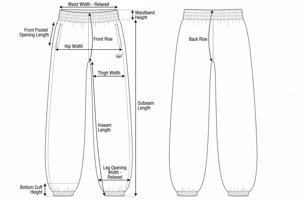Cuffed Joggers annotated flat sketch with points of measure