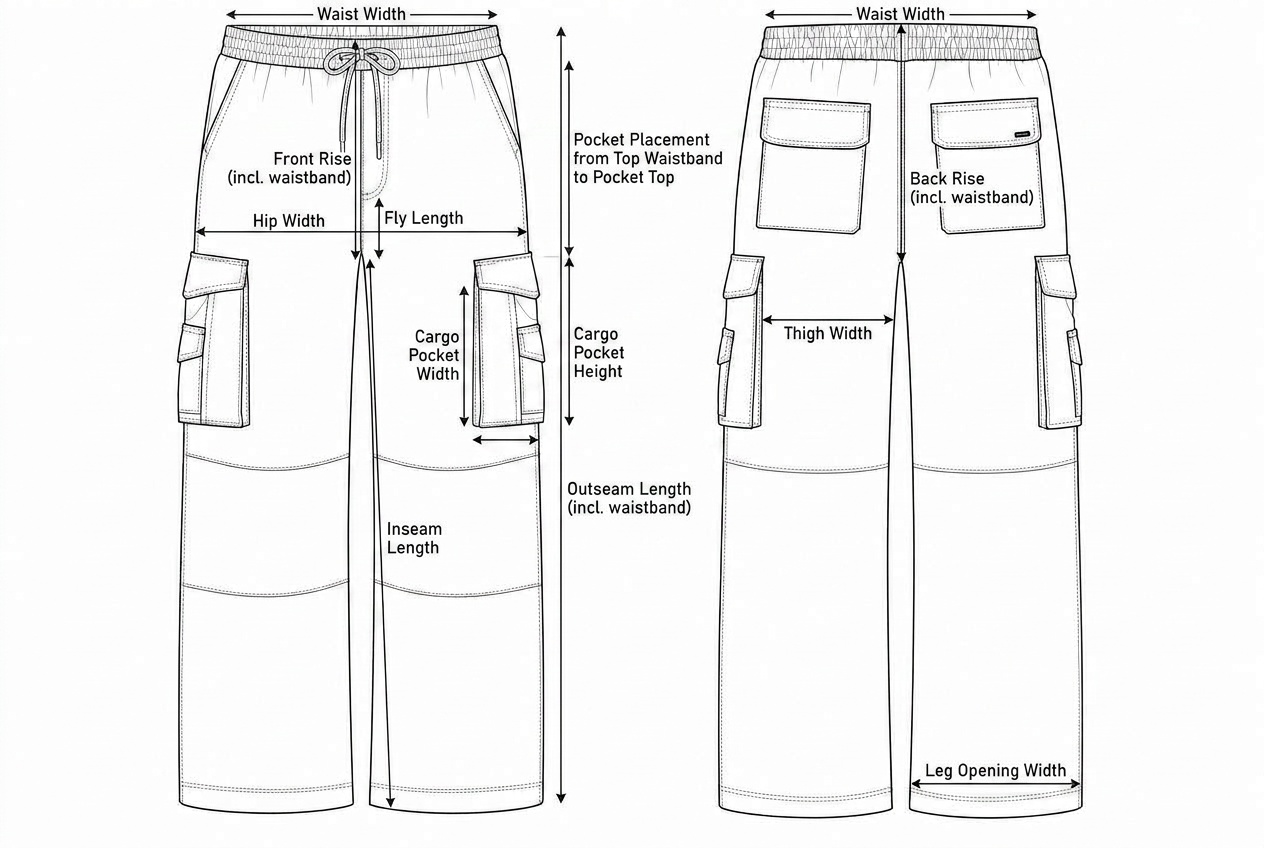 Utility Cargo Pant annotated flat sketch with points of measure