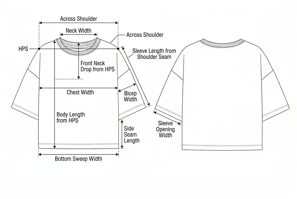 Boxy Tee annotated flat sketch with points of measure