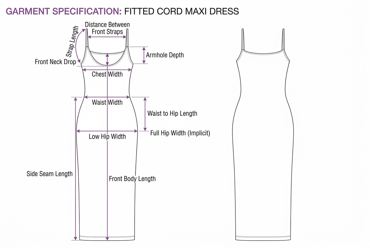 Maxi Slip Dress annotated flat sketch with points of measure