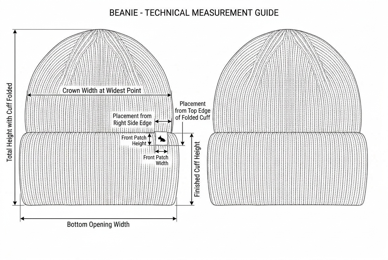 Ribbed Beanie annotated flat sketch with points of measure