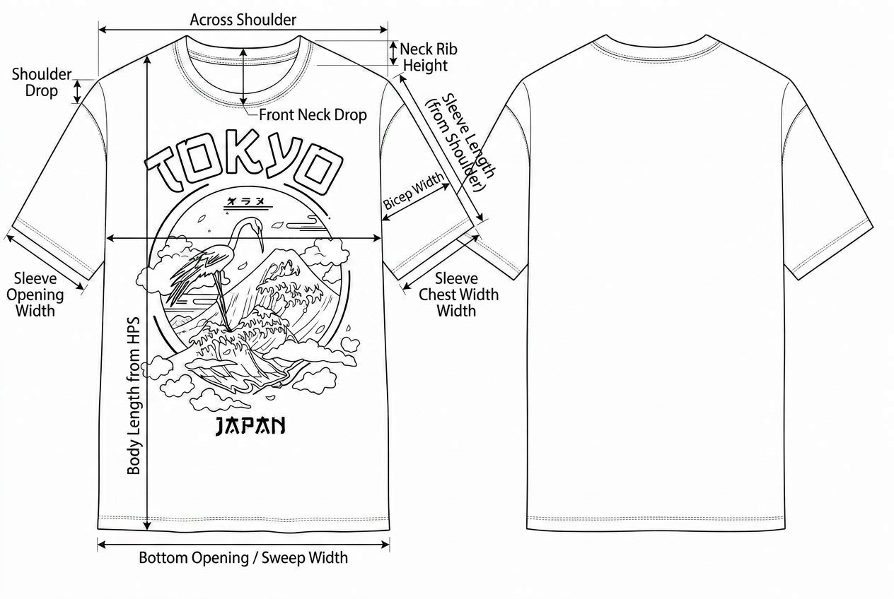 Graphic Tee annotated flat sketch with points of measure