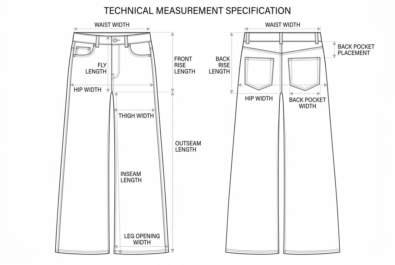 High Rise Denim Jeans annotated flat sketch with points of measure