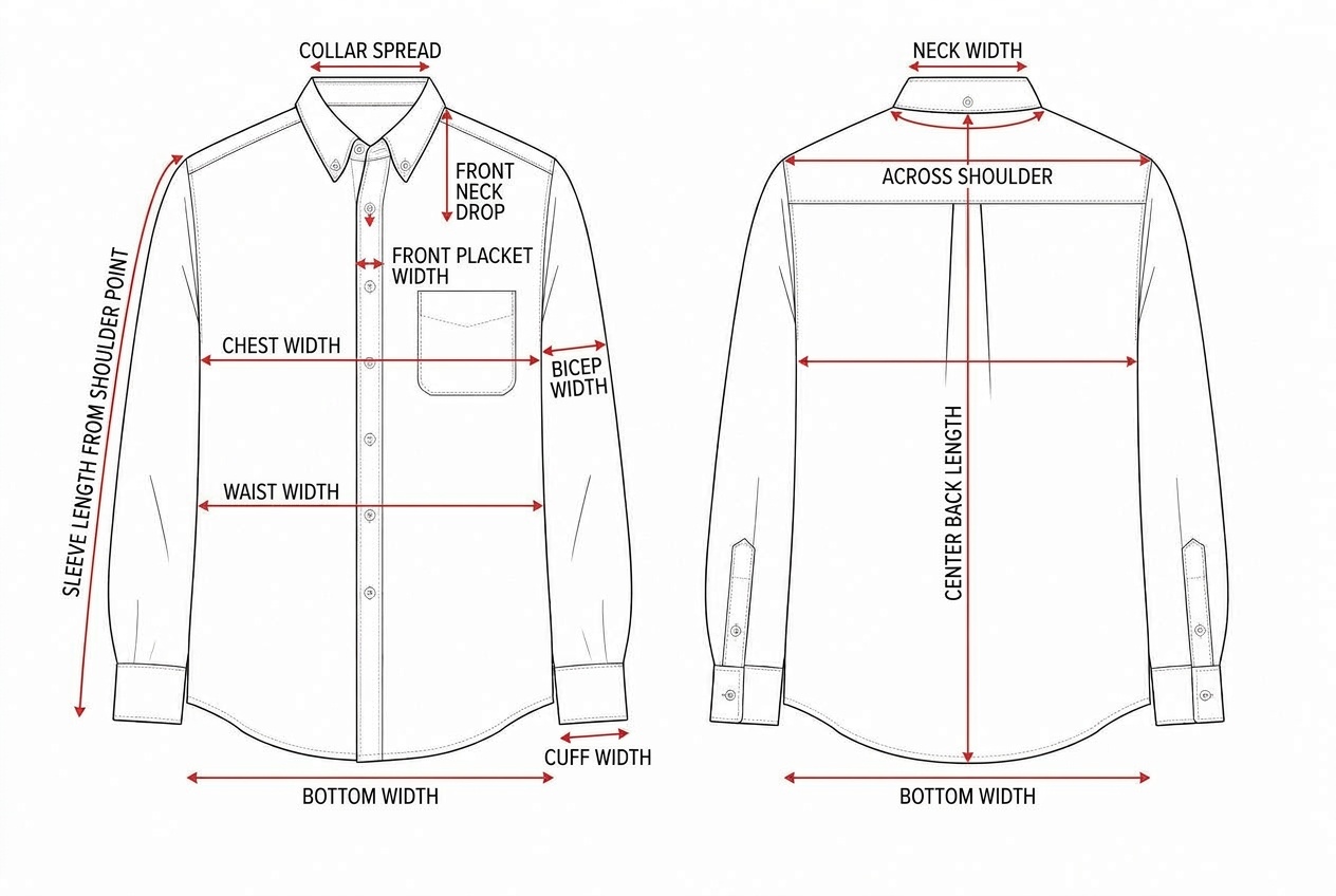 Oxford Button Down Shirt annotated flat sketch with points of measure