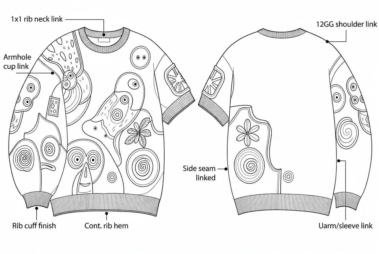 Intarsia Crewneck Sweater: Sewing details: every construction callout drawn on the flat