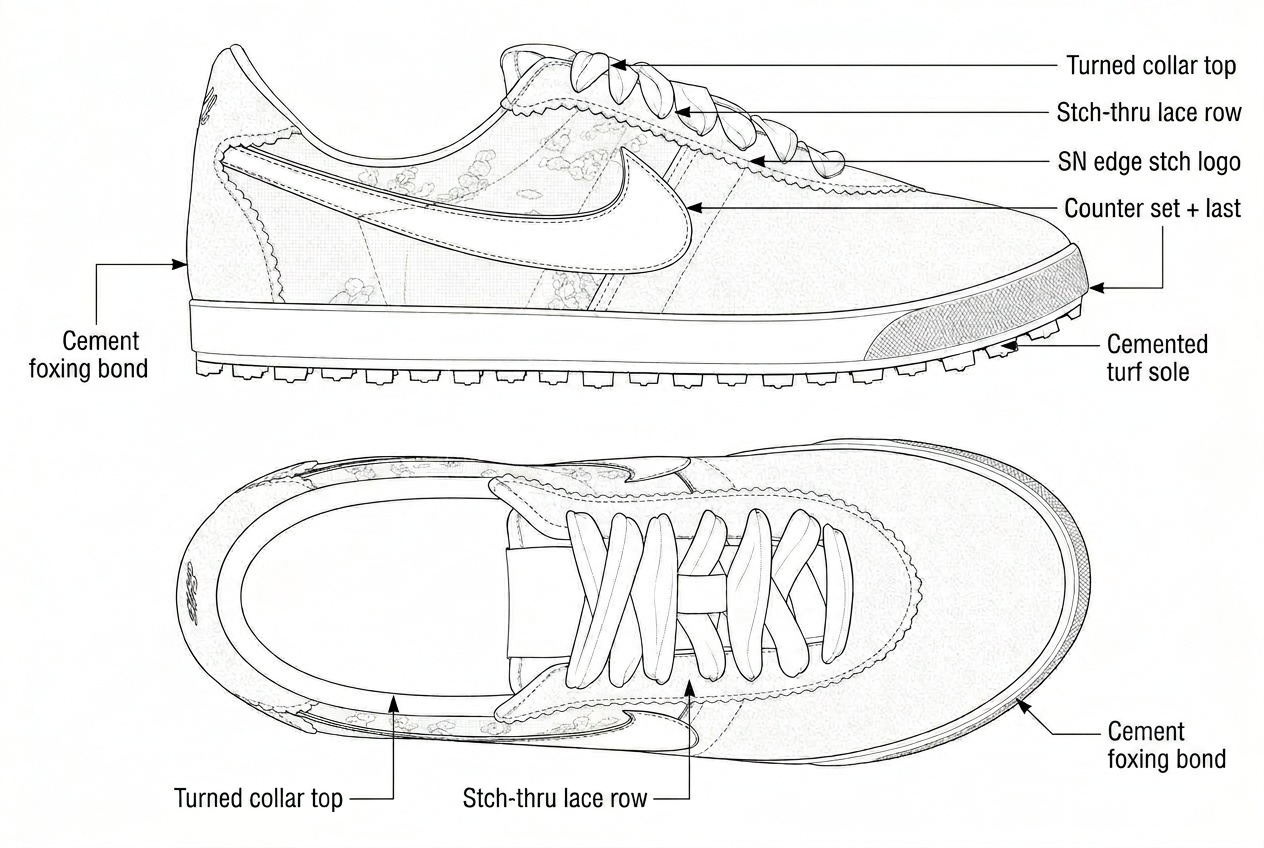 Women's Canvas Turf Sneaker: Sewing details: every construction callout drawn on the flat