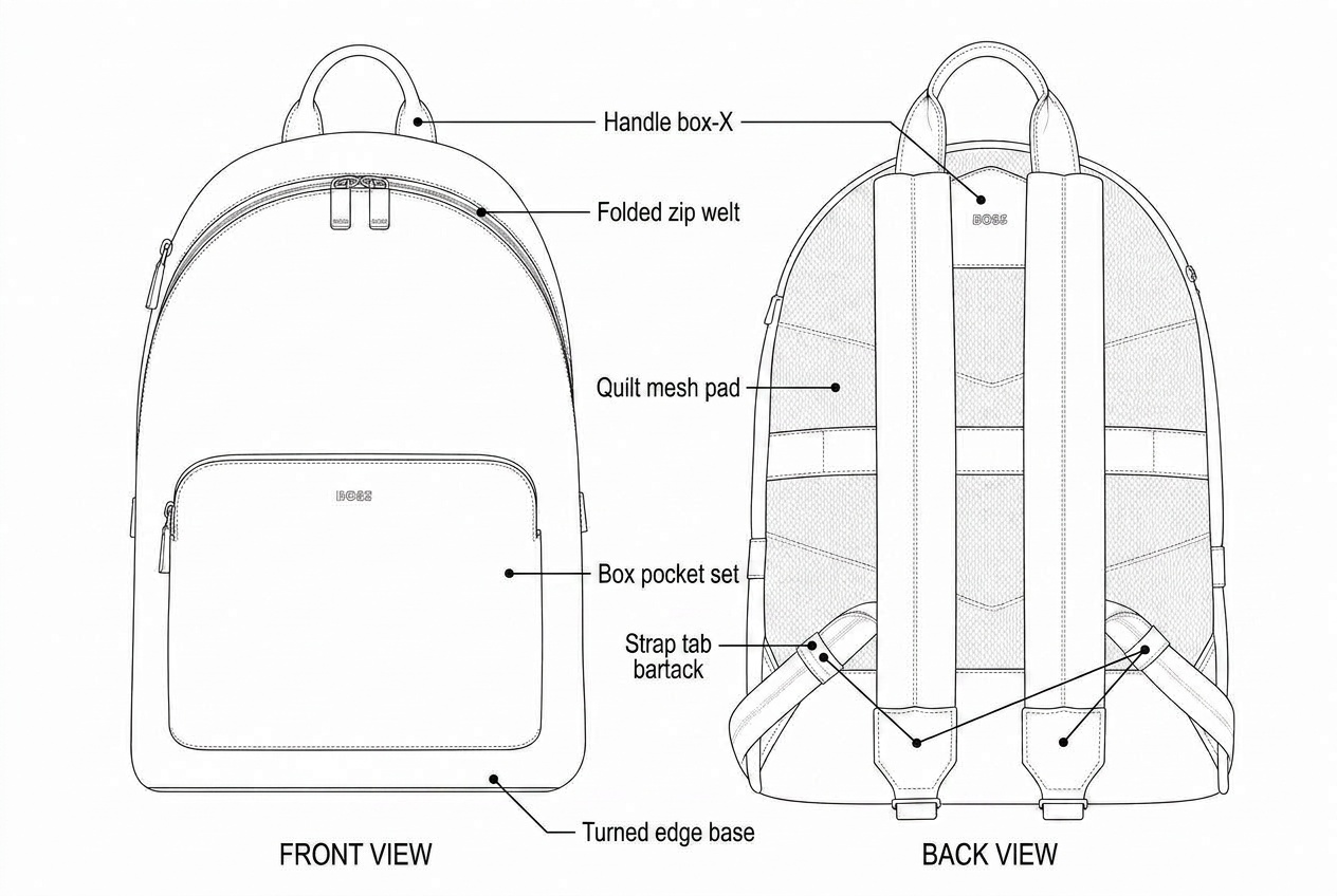 Textured Suede Leather City Backpack: Sewing details: every construction callout drawn on the flat