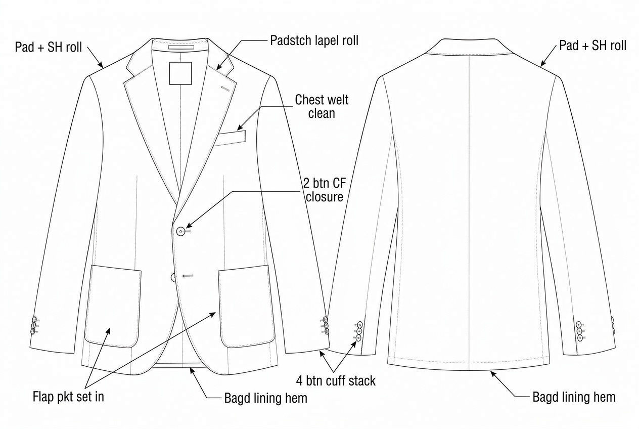 Textured Two-Button Tailored Blazer: Sewing details: every construction callout drawn on the flat