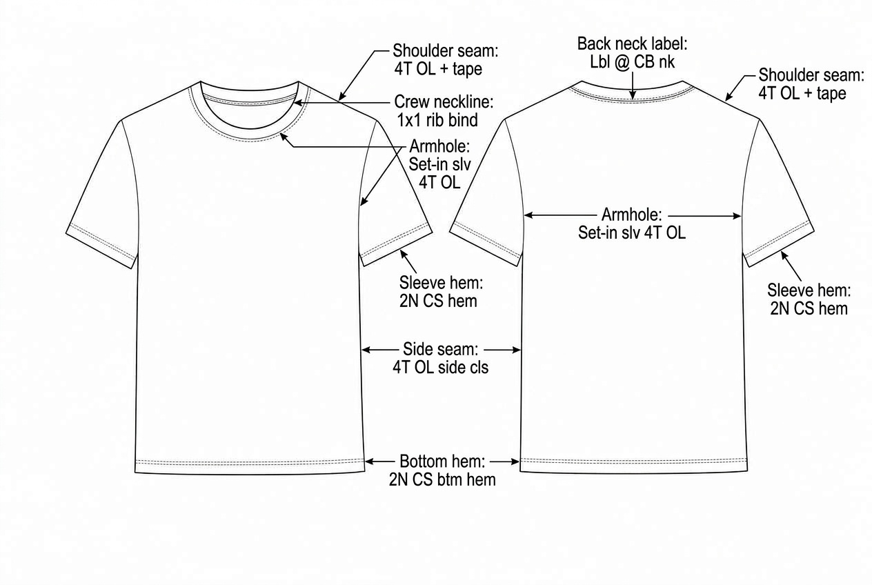 Classic Crewneck T-Shirt: Sewing details: every construction callout drawn on the flat