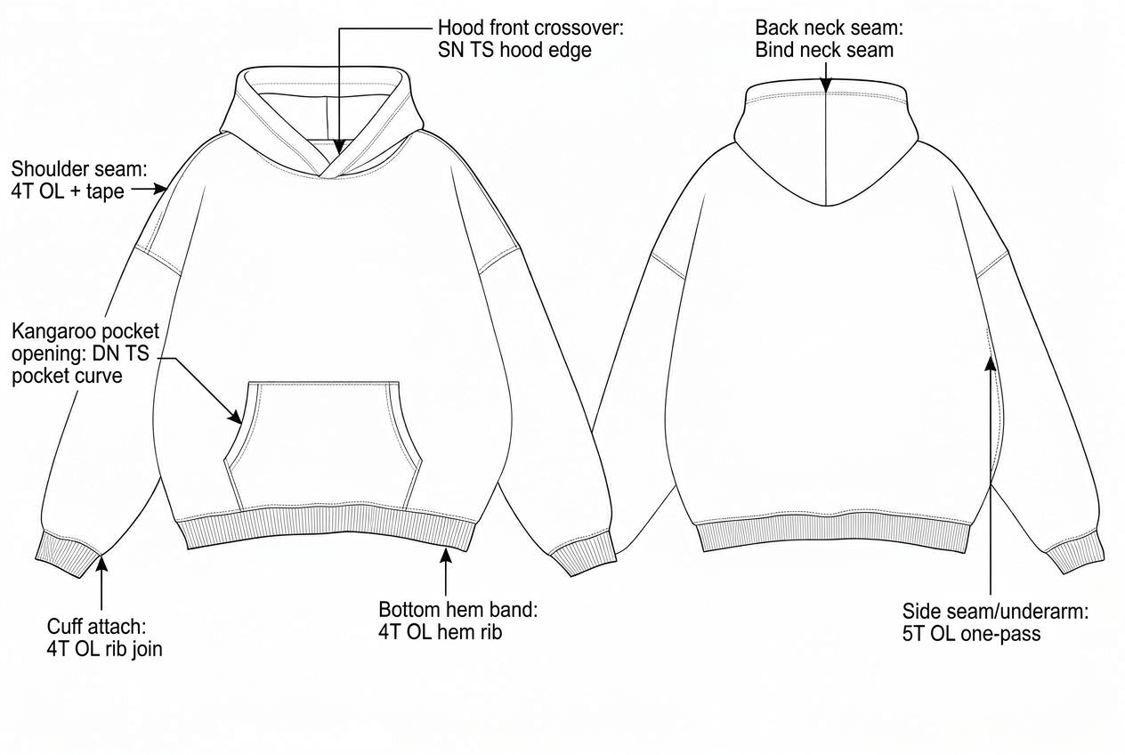 Heavyweight Drop-Shoulder Hoodie: Sewing details: every construction callout drawn on the flat