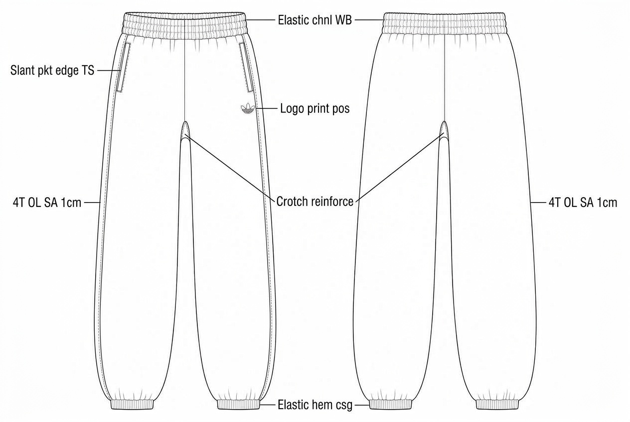 Cuffed Joggers: Sewing details: every construction callout drawn on the flat