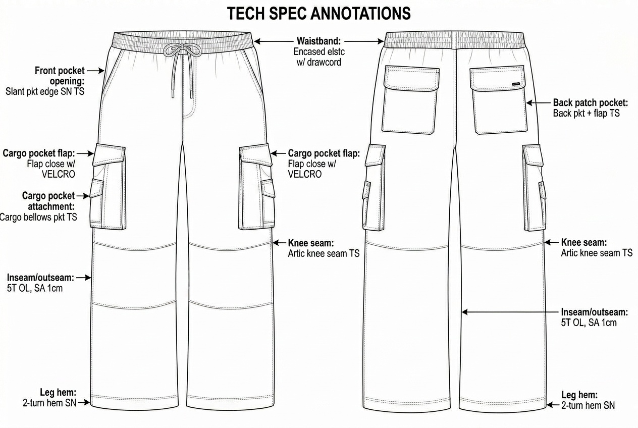 Utility Cargo Pant: Sewing details: every construction callout drawn on the flat