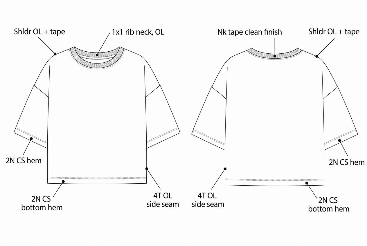 Boxy Tee: Sewing details: every construction callout drawn on the flat