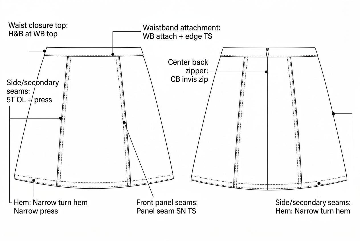 A-Line Mini Skirt: Sewing details: every construction callout drawn on the flat