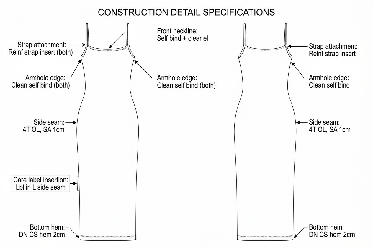 Maxi Slip Dress: Sewing details: every construction callout drawn on the flat