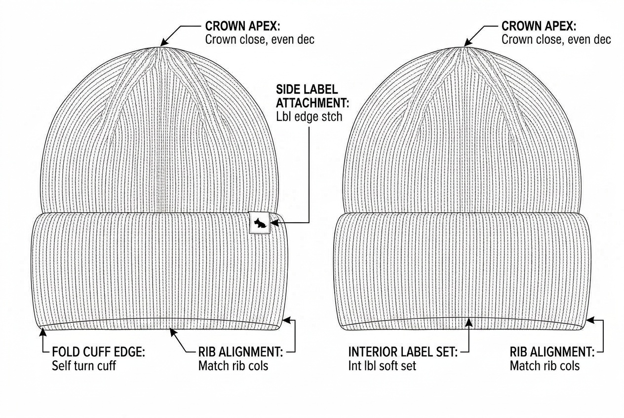 Ribbed Beanie: Sewing details: every construction callout drawn on the flat