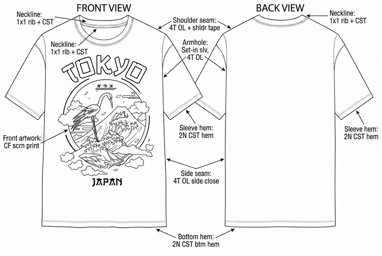 Graphic Tee: Sewing details: every construction callout drawn on the flat