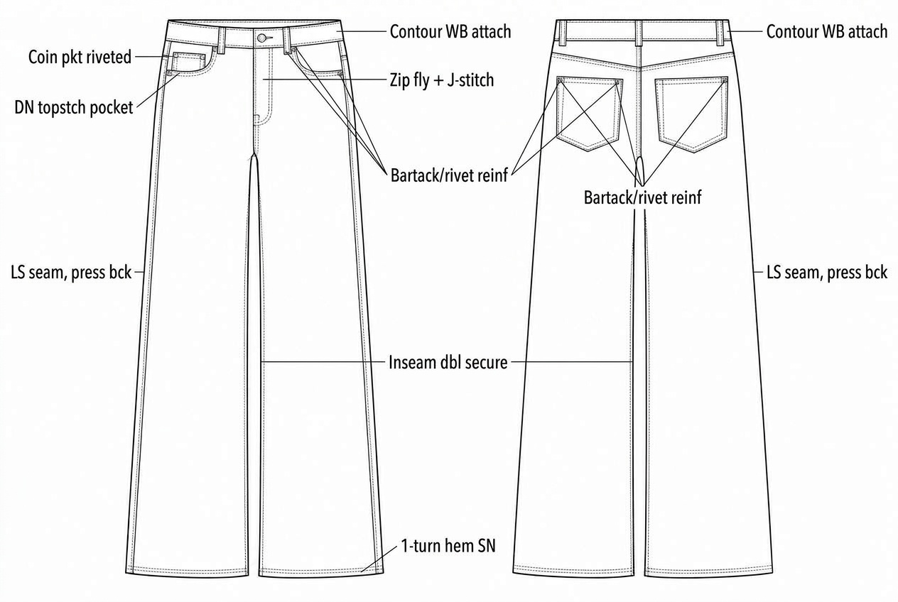 High Rise Denim Jeans: Sewing details: every construction callout drawn on the flat